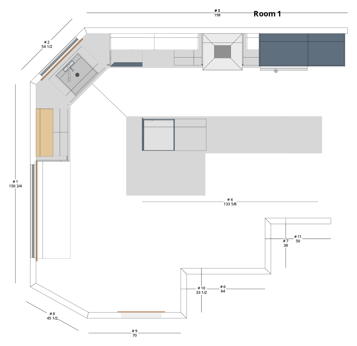 Large Transitional L-Shaped Kitchen Cabinet Layout with Island/Peninsula - PDF Drawing Set | 1001-KLI