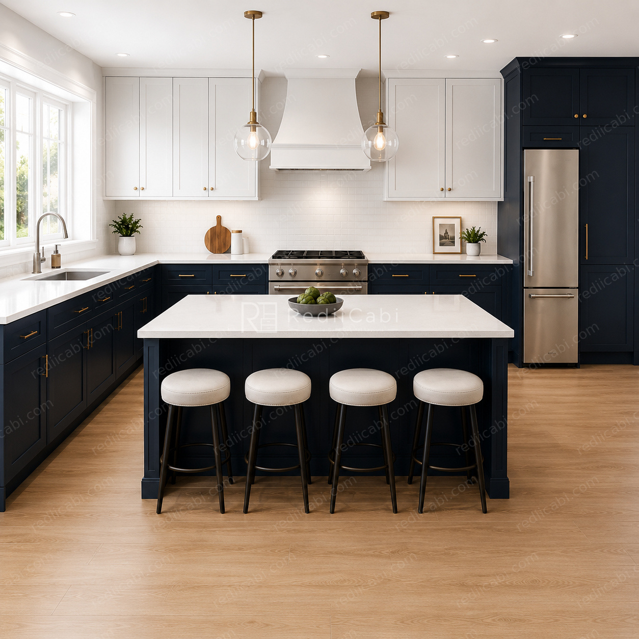 Large Transitional L-Shaped Kitchen Cabinet Layout with Island/Peninsula - PDF Drawing Set | 1001-KLI