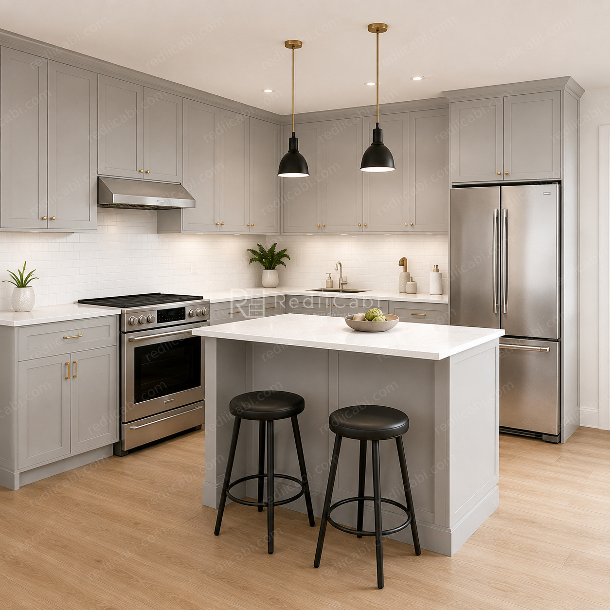 Medium Modern Minimalist L-Shaped Kitchen Cabinet Layout with Island/Peninsula - PDF Drawing Set | 1002-KLI