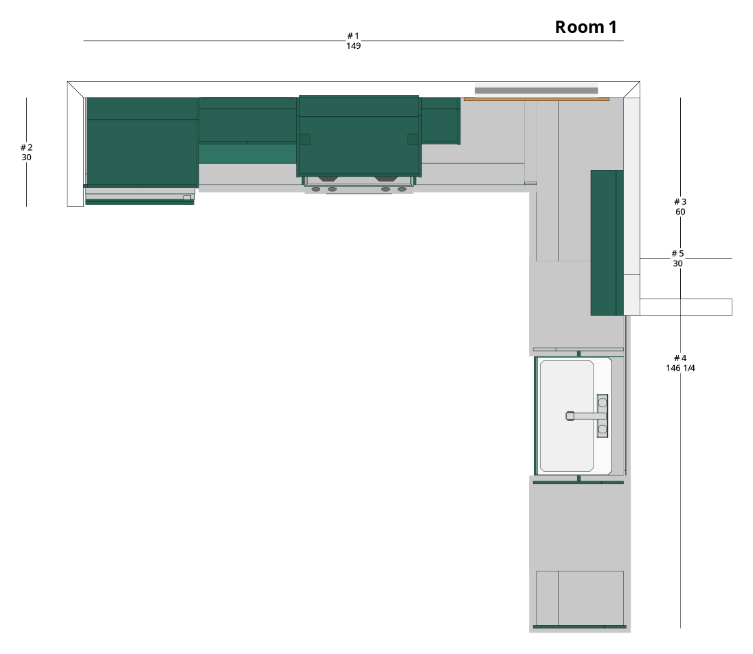 Large Transitional L-Shaped Kitchen Cabinet Layout with Island/Peninsula - PDF Drawing Set | 1003-KLI