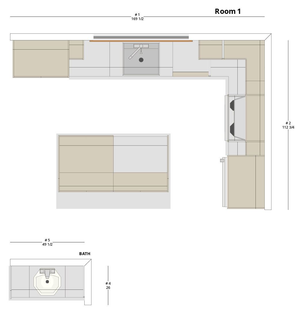 Large Transitional L-Shaped Kitchen Cabinet Layout with Island/Peninsula - PDF Drawing Set | 1004-KLI