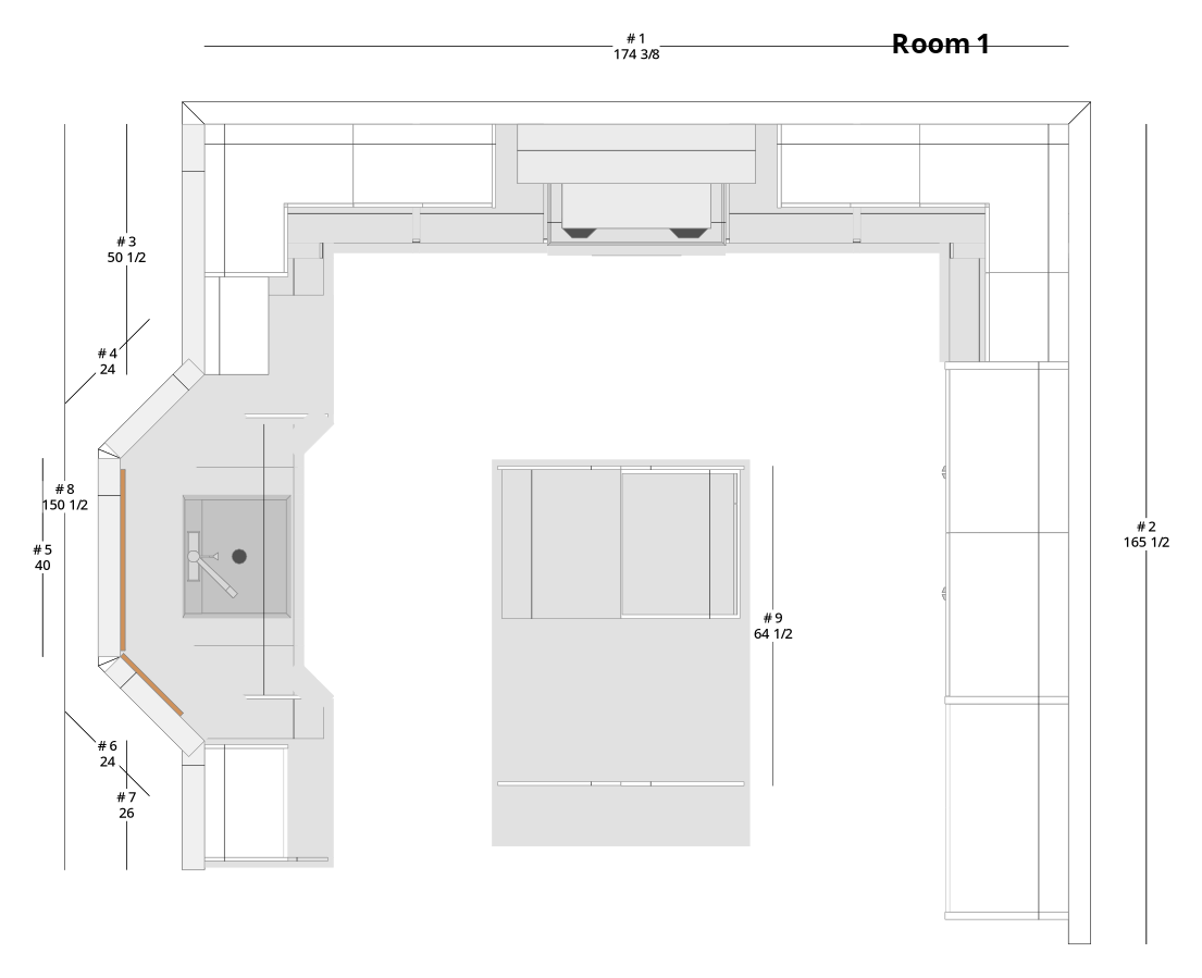 Large Transitional U-Shaped Kitchen Cabinet Layout with Island/Peninsula - PDF Drawing Set | 1005-KUI