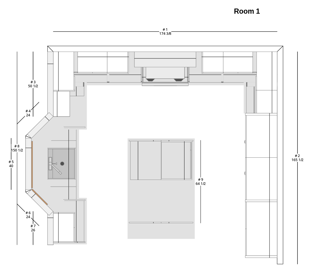 Large Transitional U-Shaped Kitchen Cabinet Layout with Island/Peninsula - PDF Drawing Set | 1006-KUI
