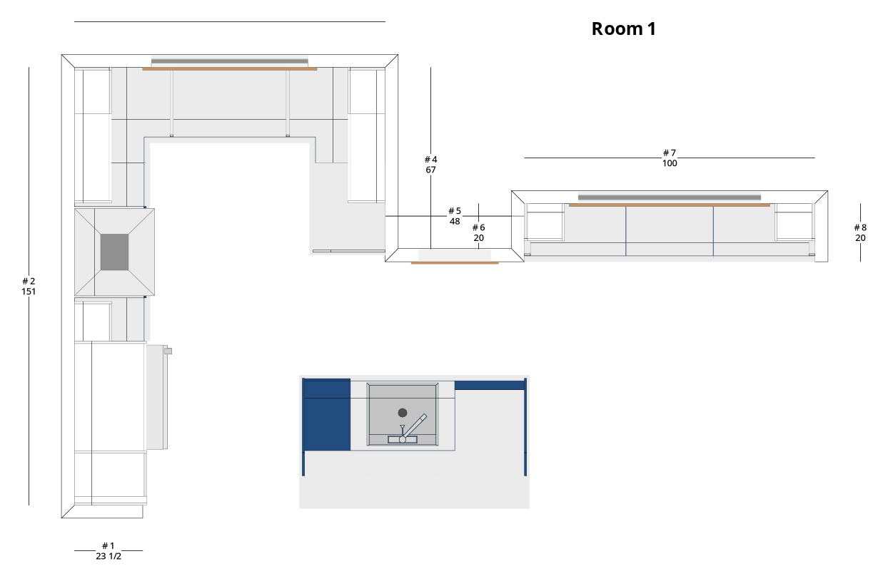 Medium Transitional L-Shaped Kitchen Cabinet Layout with Island/Peninsula - PDF Drawing Set | 1007-KLI