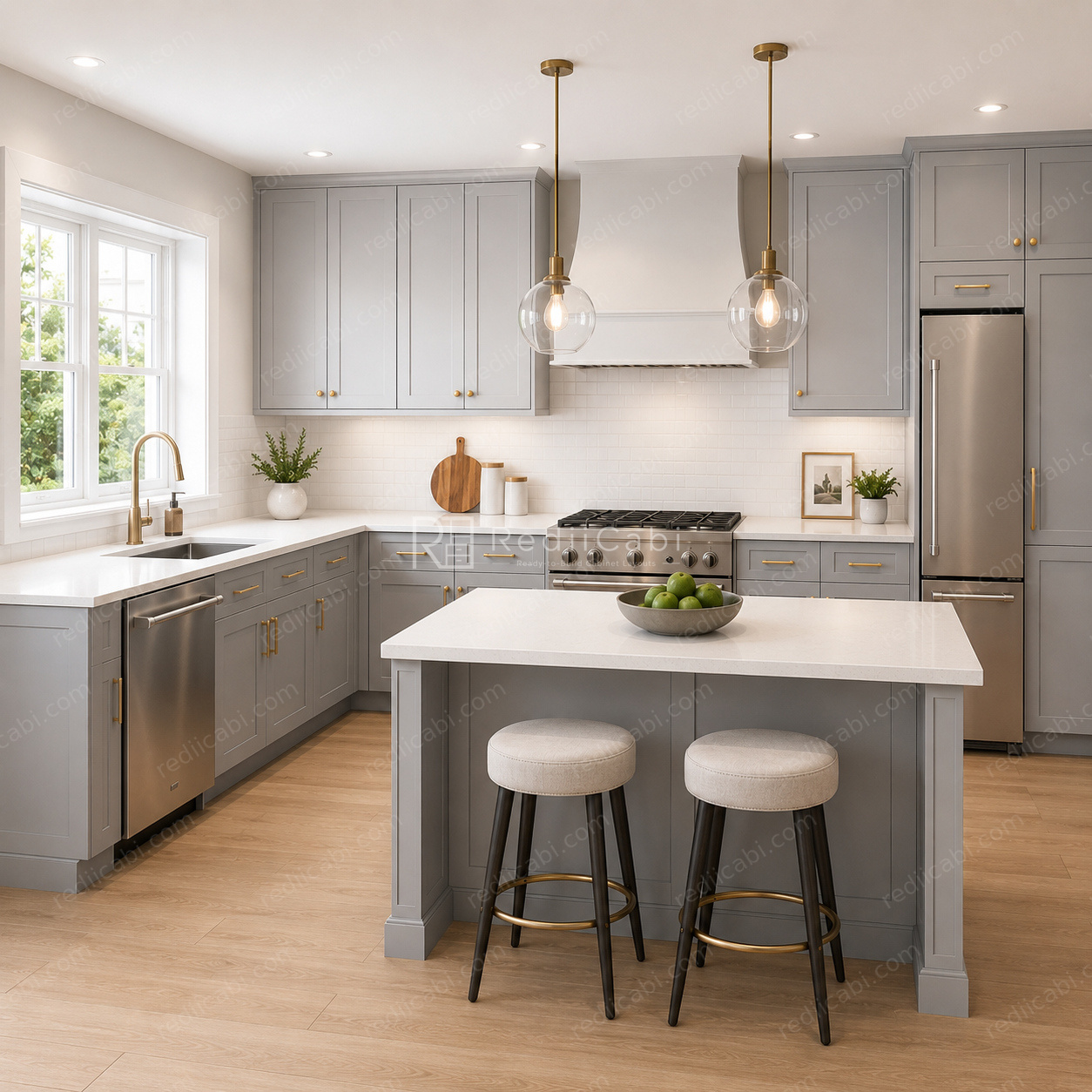 Large Transitional L-Shaped Kitchen Cabinet Layout with Island/Peninsula - PDF Drawing Set | 1008-KLI