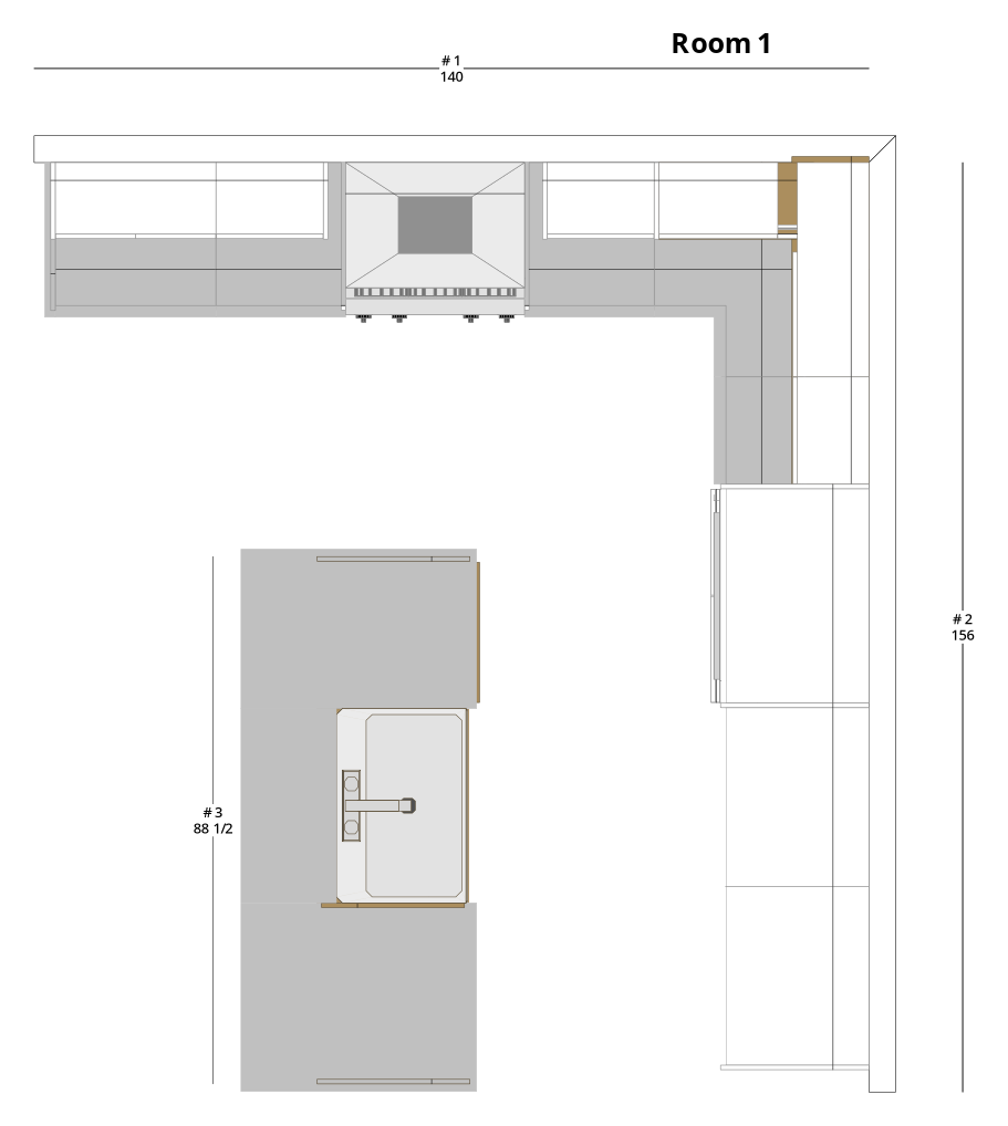 Large Transitional L-Shaped Kitchen Cabinet Layout with Island/Peninsula - PDF Drawing Set | 1009-KLI