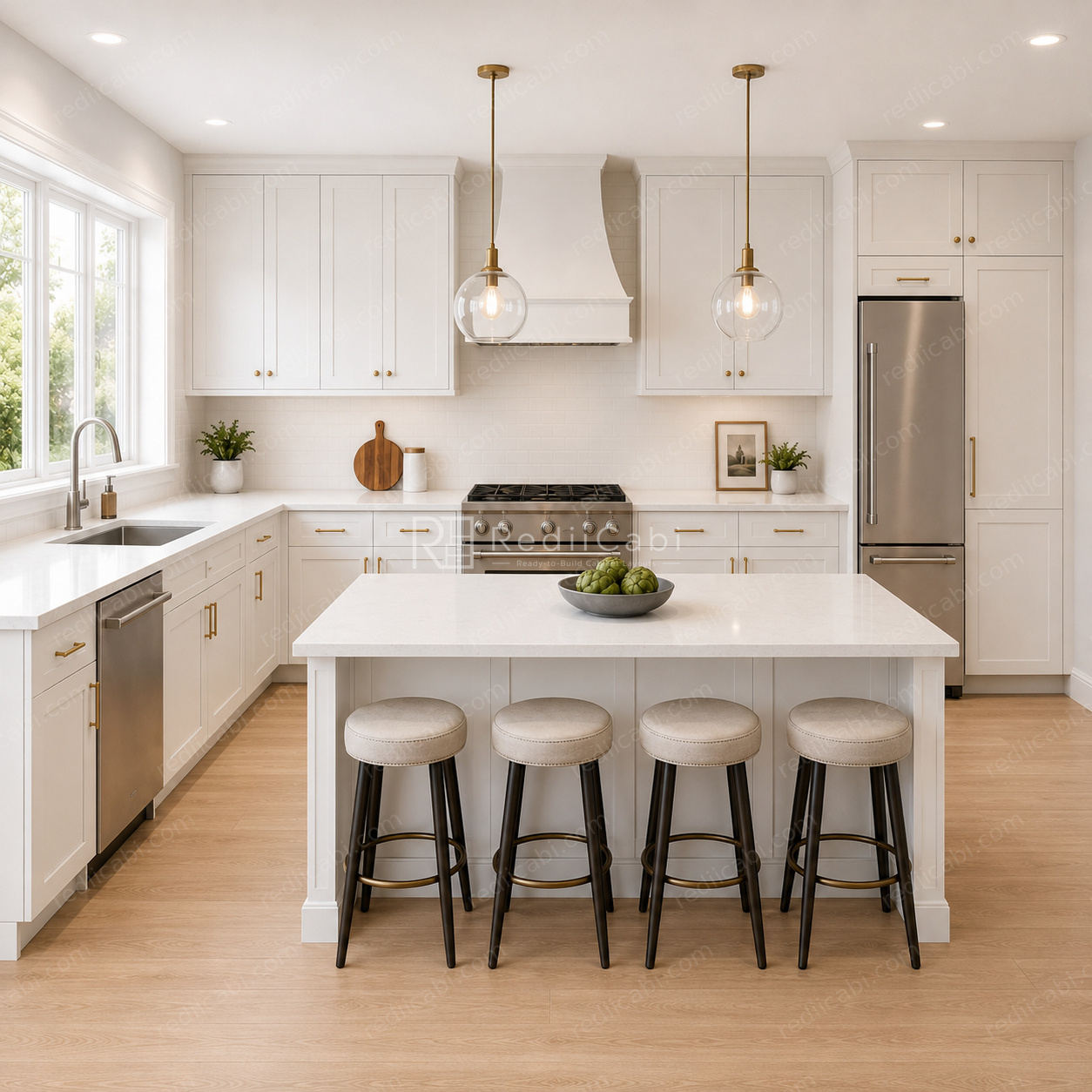 Large Transitional L-Shaped Kitchen Cabinet Layout with Island/Peninsula - PDF Drawing Set | 1009-KLI