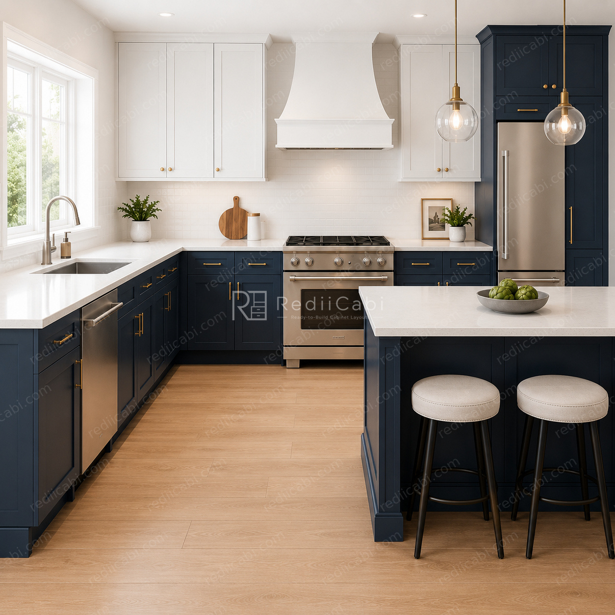 Medium Transitional U-Shaped Kitchen Cabinet Layout with Island/Peninsula - PDF Drawing Set | 1010-KUI