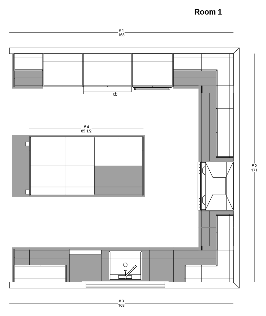Large Transitional U-Shaped Kitchen Cabinet Layout with Island/Peninsula - PDF Drawing Set | 1011-KUI