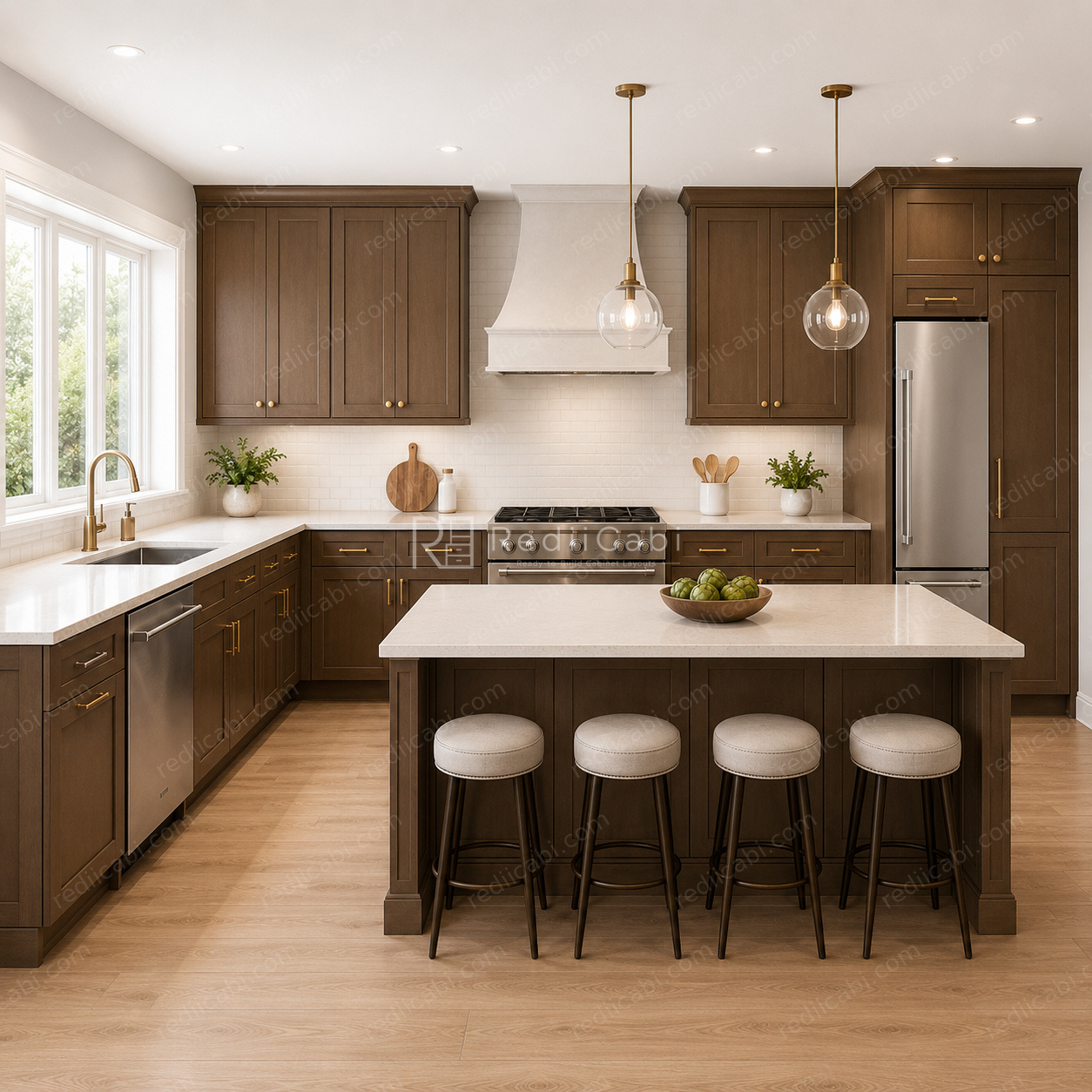 Large Transitional U-Shaped Kitchen Cabinet Layout with Island/Peninsula - PDF Drawing Set | 1016-KUI