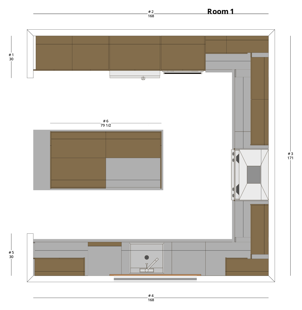 Large Transitional U-Shaped Kitchen Cabinet Layout with Island/Peninsula - PDF Drawing Set | 1019-KUI
