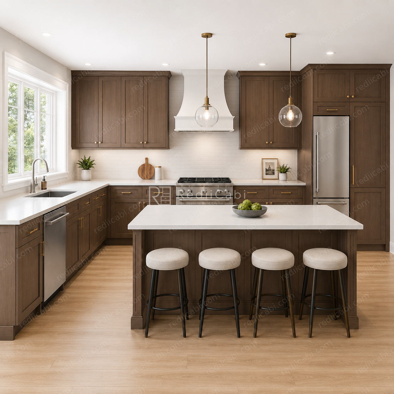 Large Transitional U-Shaped Kitchen Cabinet Layout with Island/Peninsula - PDF Drawing Set | 1019-KUI