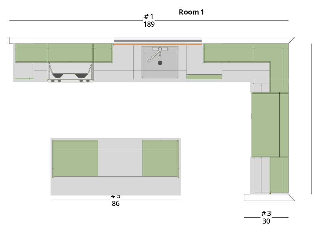 Large Transitional L-Shaped Kitchen Cabinet Layout with Island/Peninsula - PDF Drawing Set | 1023-KLI