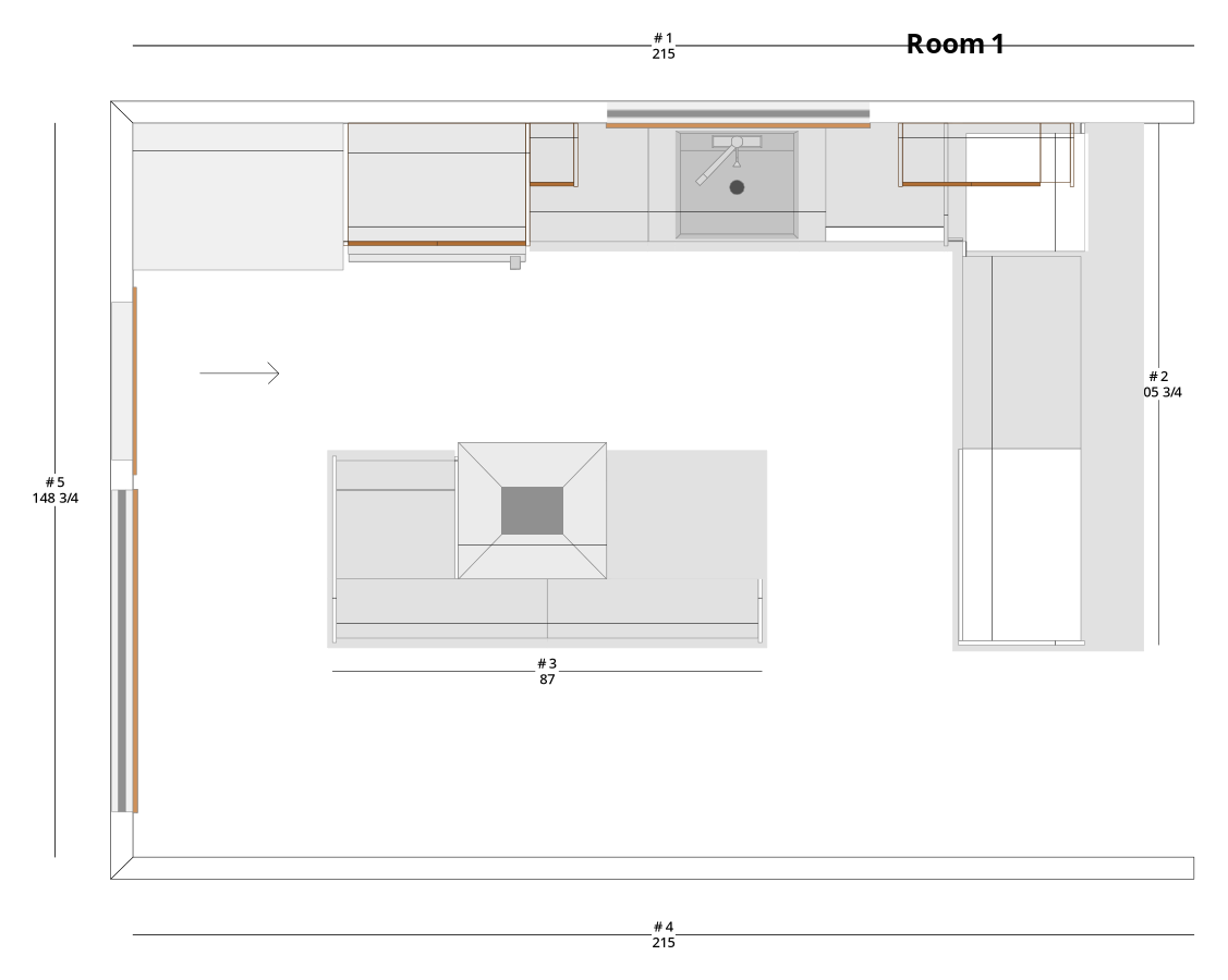 Large Traditional L-Shaped Kitchen Cabinet Layout with Island/Peninsula - PDF Drawing Set | 1027-KLI