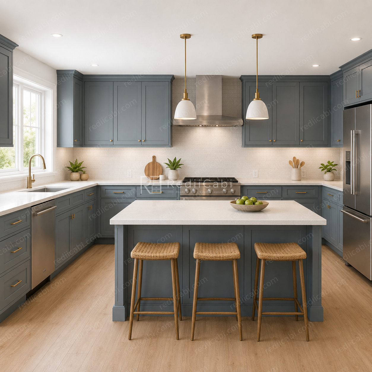Large Traditional L-Shaped Kitchen Cabinet Layout with Island/Peninsula - PDF Drawing Set | 1027-KLI