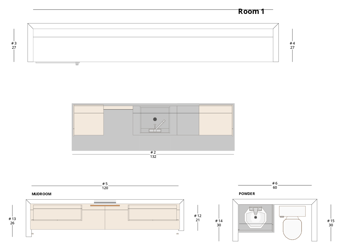 Medium Transitional One-Wall Kitchen Cabinet Layout with Island/Peninsula - PDF Drawing Set | 1028-KII