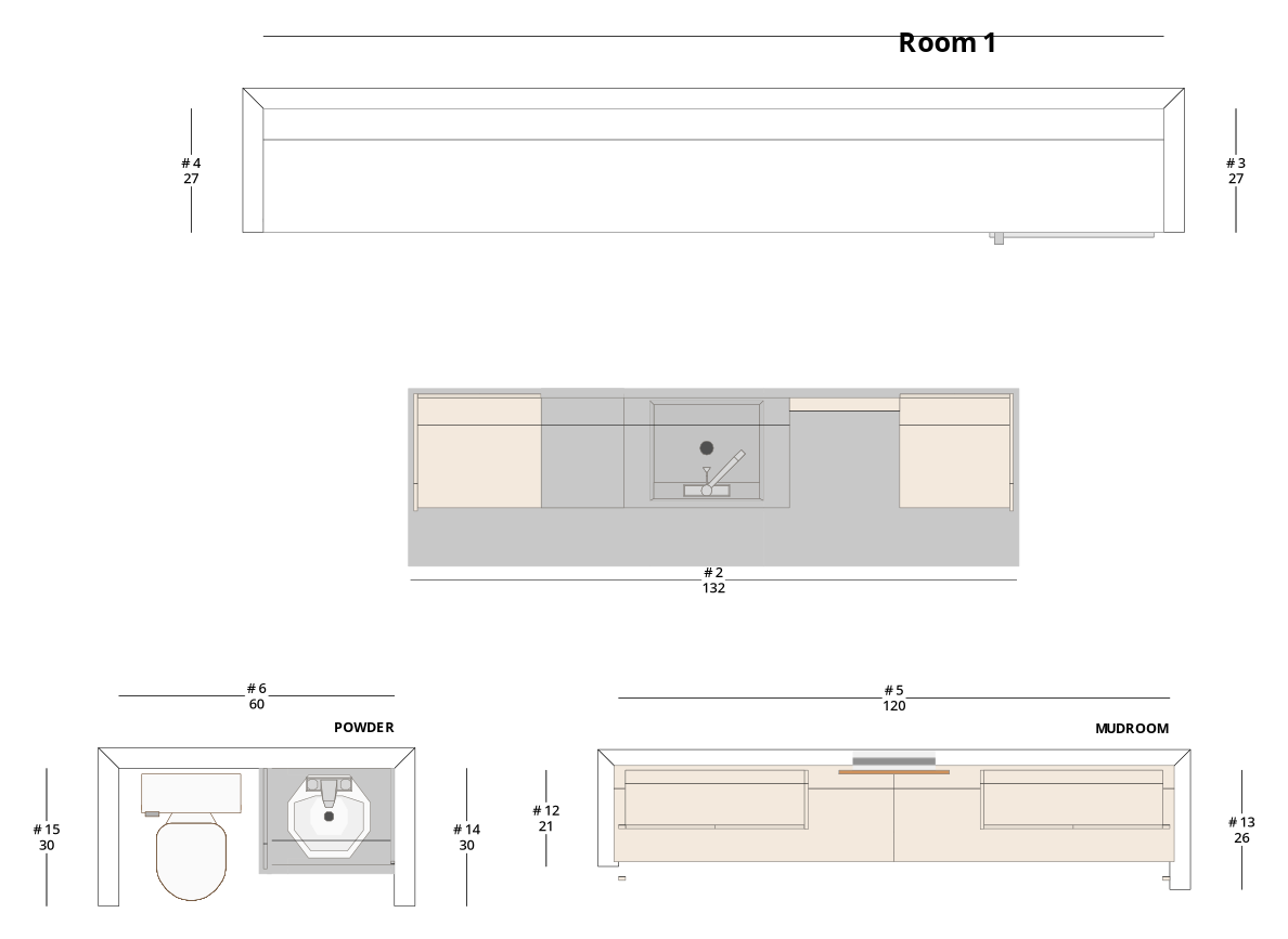 Medium Transitional One-Wall Kitchen Cabinet Layout with Island/Peninsula - PDF Drawing Set | 1029-KII