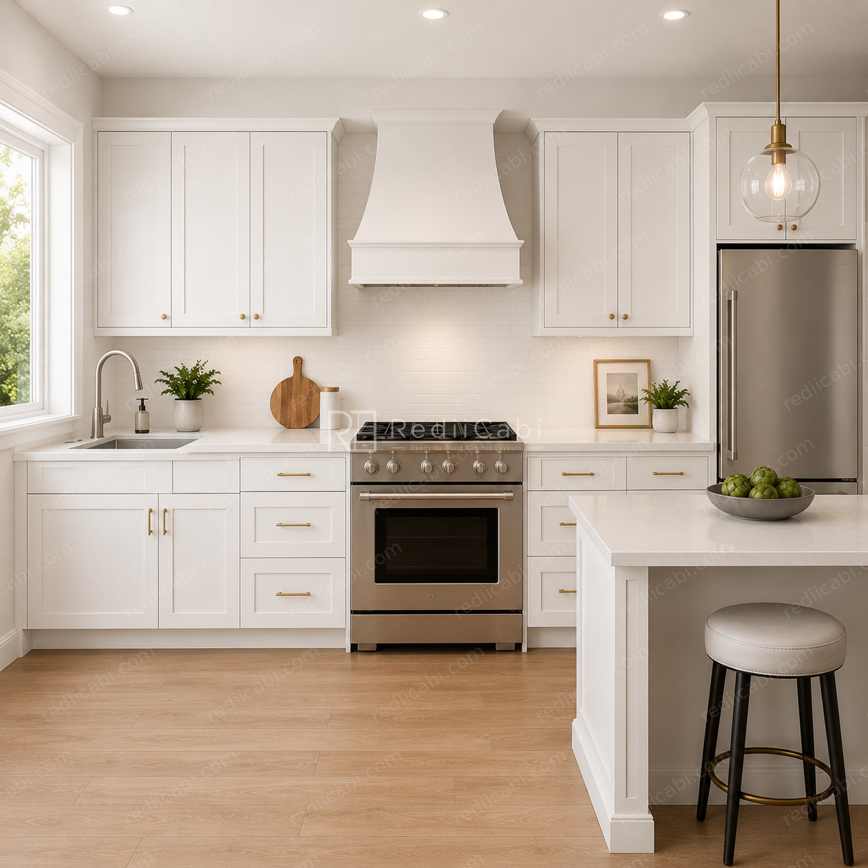 Medium Transitional One-Wall Kitchen Cabinet Layout with Island/Peninsula - PDF Drawing Set | 1029-KII