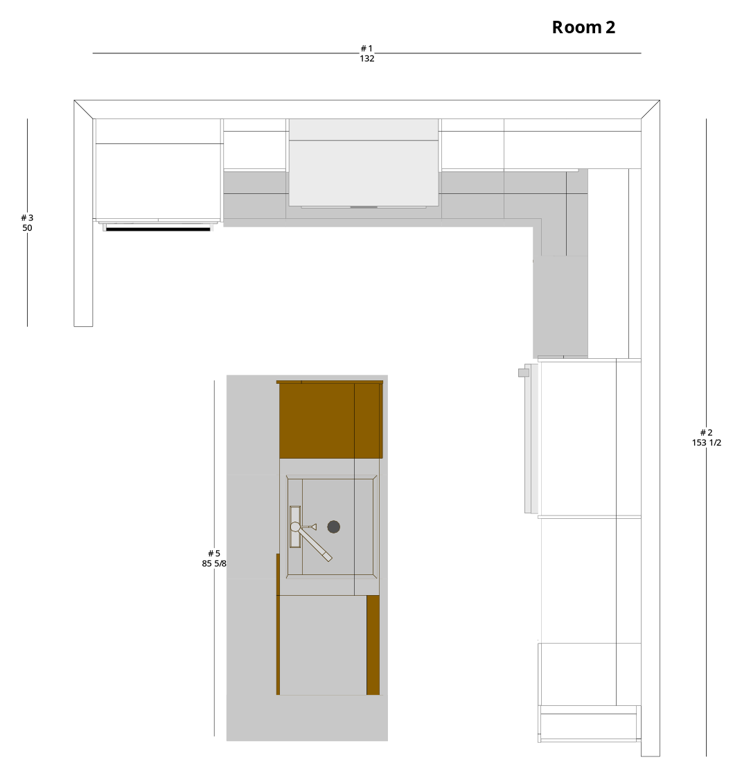 Large Transitional L-Shaped Kitchen Cabinet Layout with Island/Peninsula - PDF Drawing Set | 1033-KLI