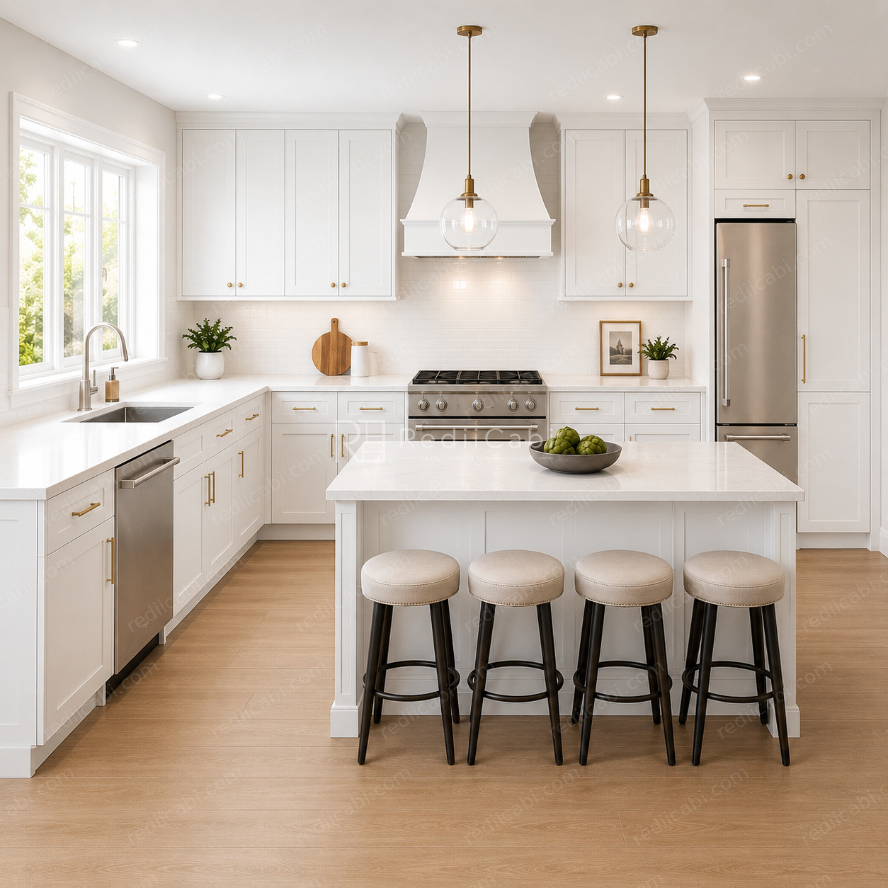 Large Transitional L-Shaped Kitchen Cabinet Layout with Island/Peninsula - PDF Drawing Set | 1034-KLI