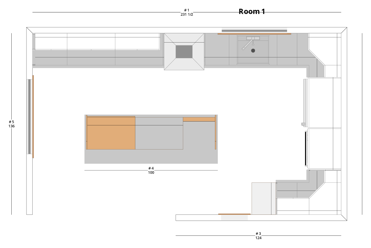 Large Transitional L-Shaped Kitchen Cabinet Layout with Island/Peninsula - PDF Drawing Set | 1036-KLI