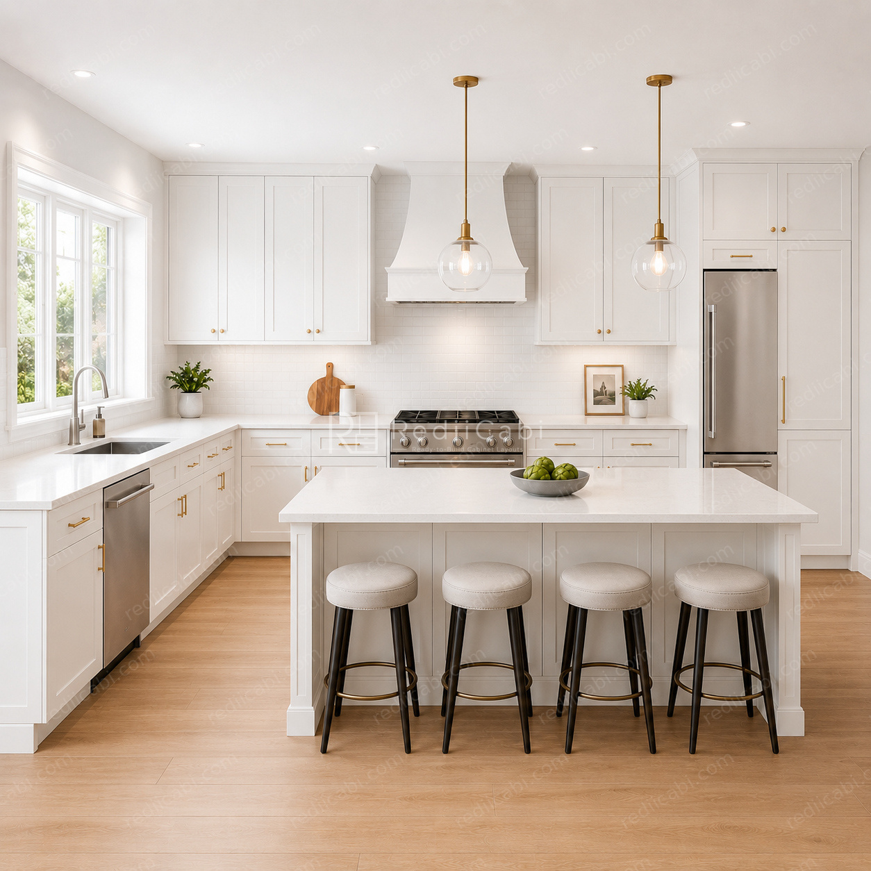 Large Transitional L-Shaped Kitchen Cabinet Layout with Island/Peninsula - PDF Drawing Set | 1036-KLI