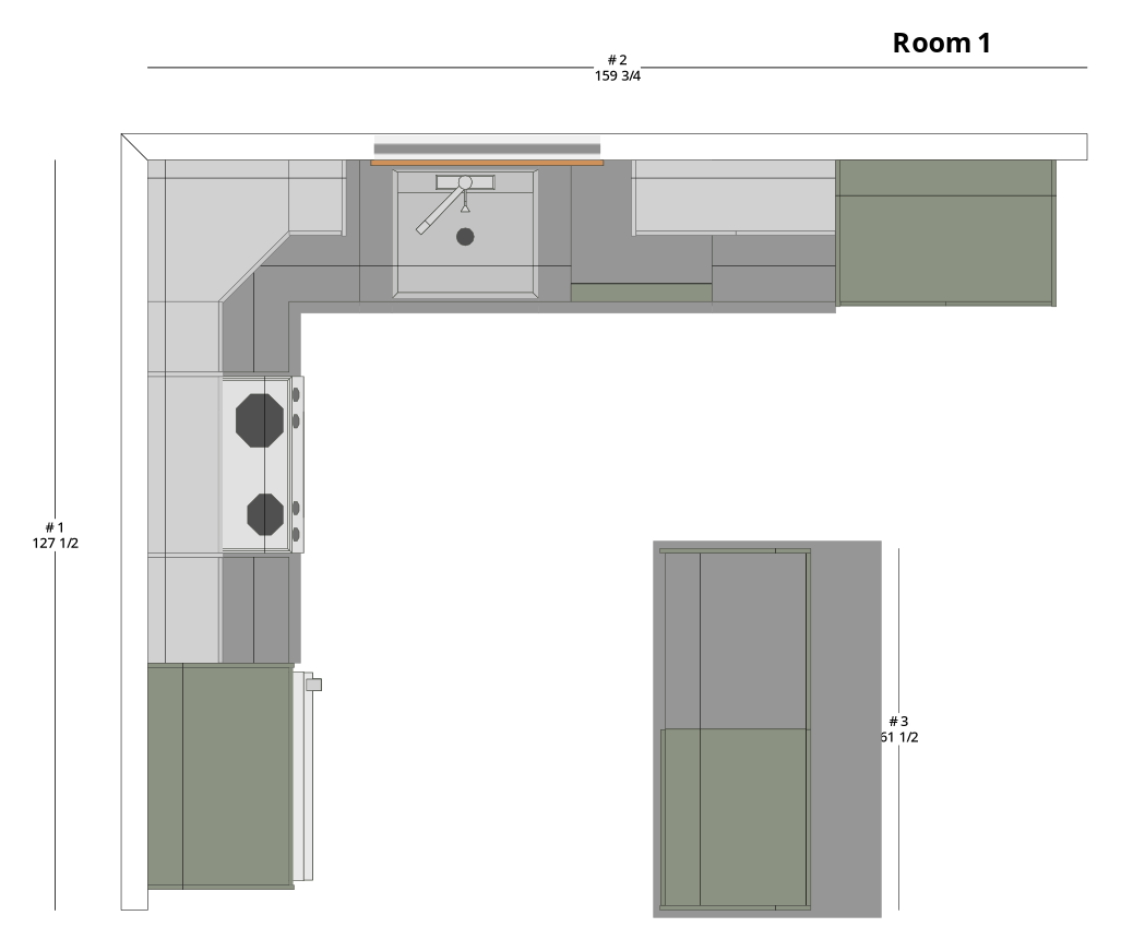 Large Traditional L-Shaped Kitchen Cabinet Layout with Island/Peninsula - PDF Drawing Set | 1039-KLI