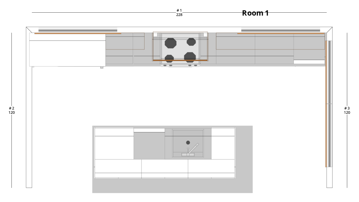 Large Transitional One-Wall Kitchen Cabinet Layout with Island/Peninsula - PDF Drawing Set | 1041-KII