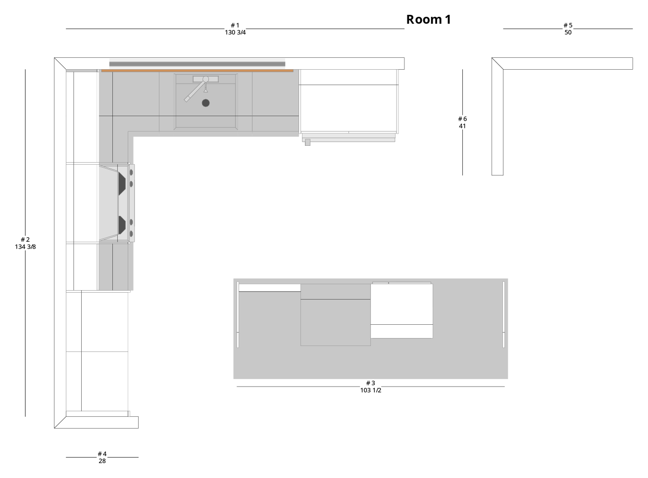 Medium Traditional L-Shaped Kitchen Cabinet Layout with Island/Peninsula - PDF Drawing Set | 1042-KLI
