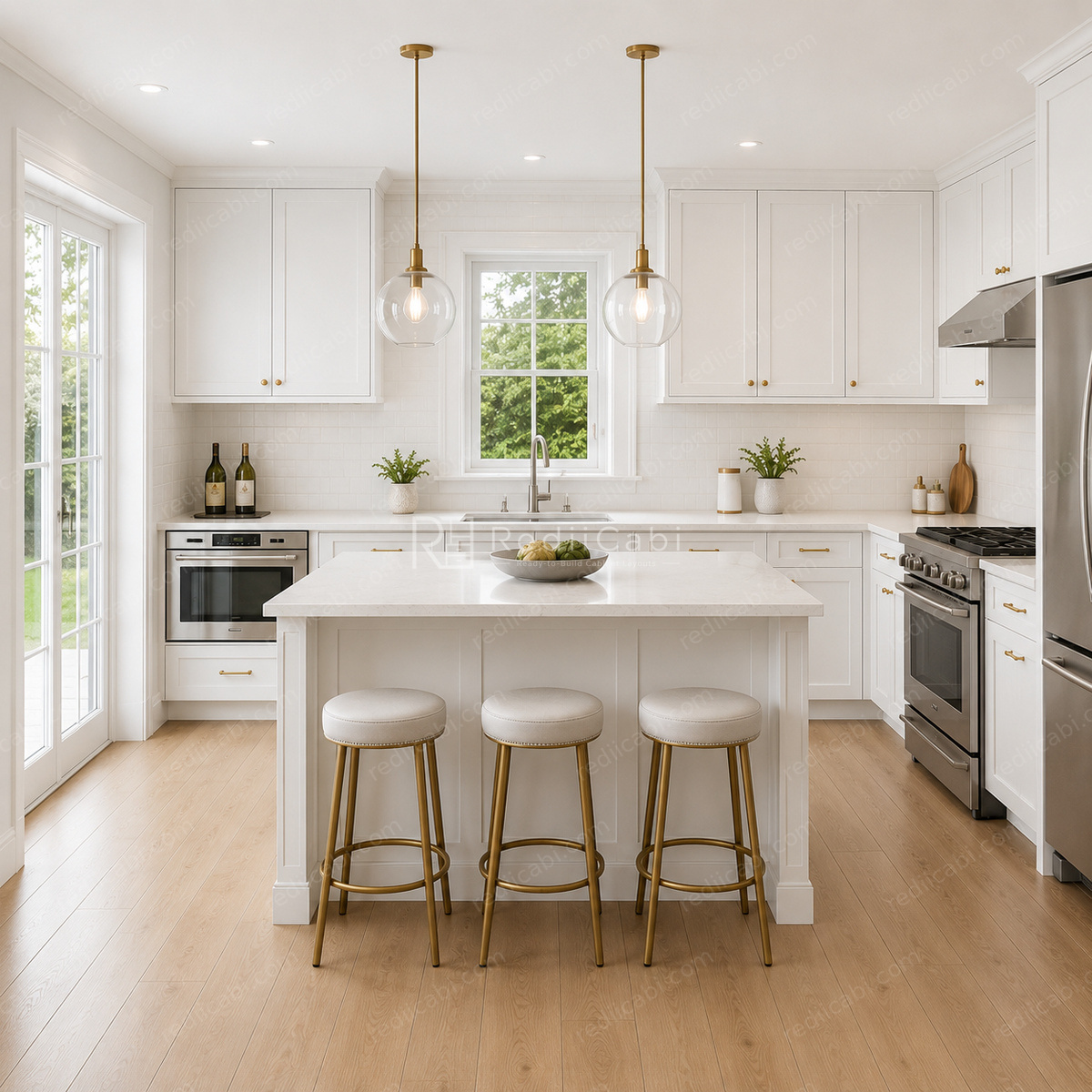 Medium Traditional L-Shaped Kitchen Cabinet Layout with Island/Peninsula - PDF Drawing Set | 1042-KLI