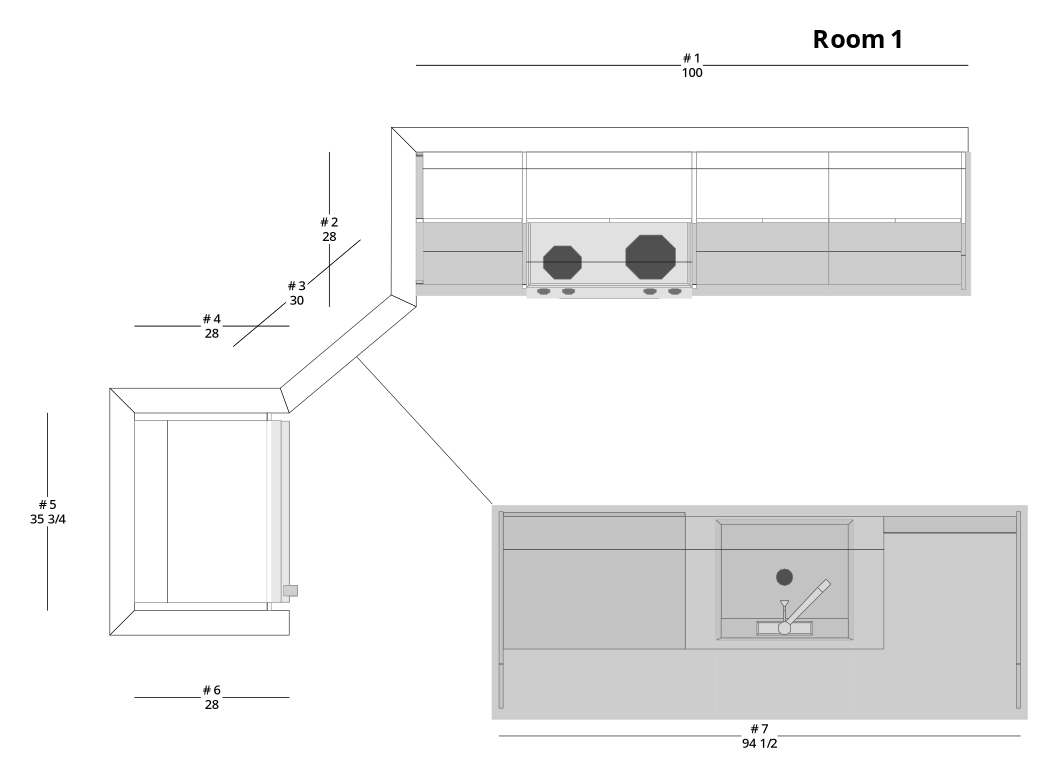 Medium Modern Minimalist L-Shaped Kitchen Cabinet Layout with Island/Peninsula - PDF Drawing Set | 1044-KLI