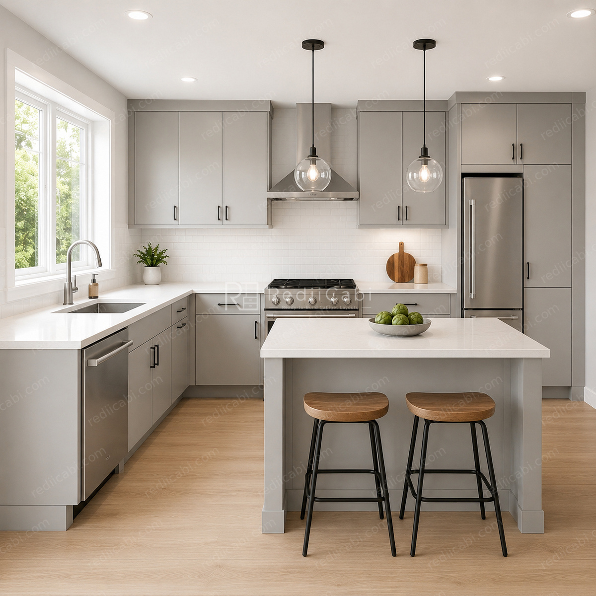 Medium Modern Minimalist L-Shaped Kitchen Cabinet Layout with Island/Peninsula - PDF Drawing Set | 1044-KLI