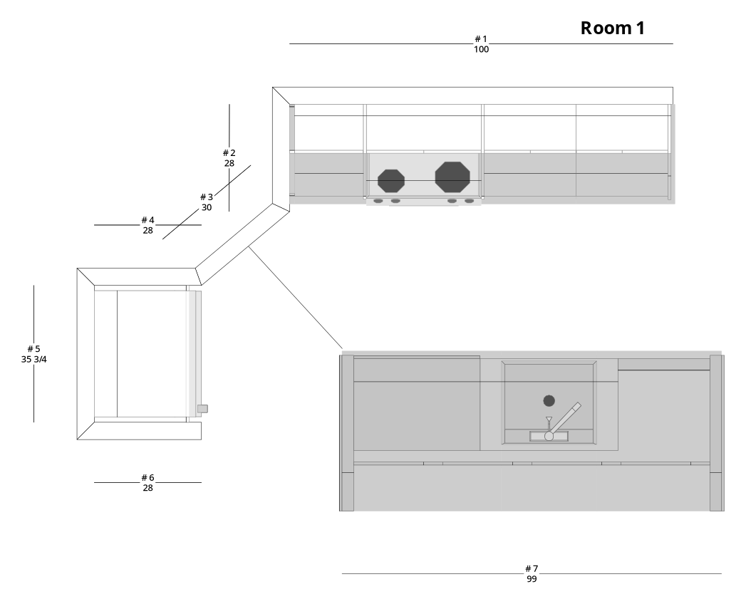 Medium Modern Minimalist L-Shaped Kitchen Cabinet Layout with Island/Peninsula - PDF Drawing Set | 1045-KLI