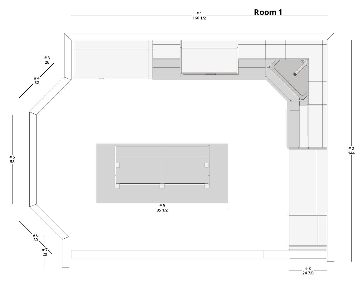 Large Modern Minimalist L-Shaped Kitchen Cabinet Layout with Island/Peninsula - PDF Drawing Set | 1046-KLI