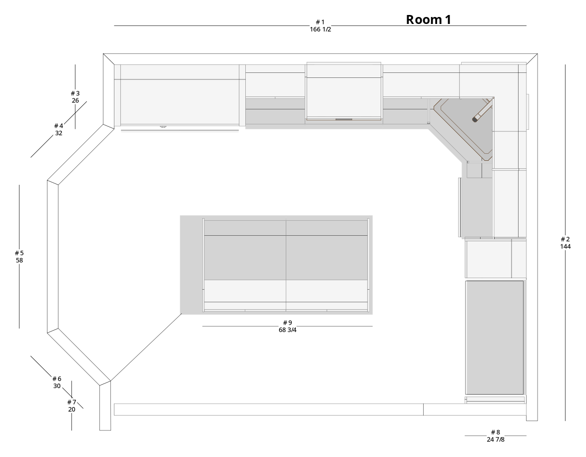 Large Modern Minimalist L-Shaped Kitchen Cabinet Layout with Island/Peninsula - PDF Drawing Set | 1047-KLI