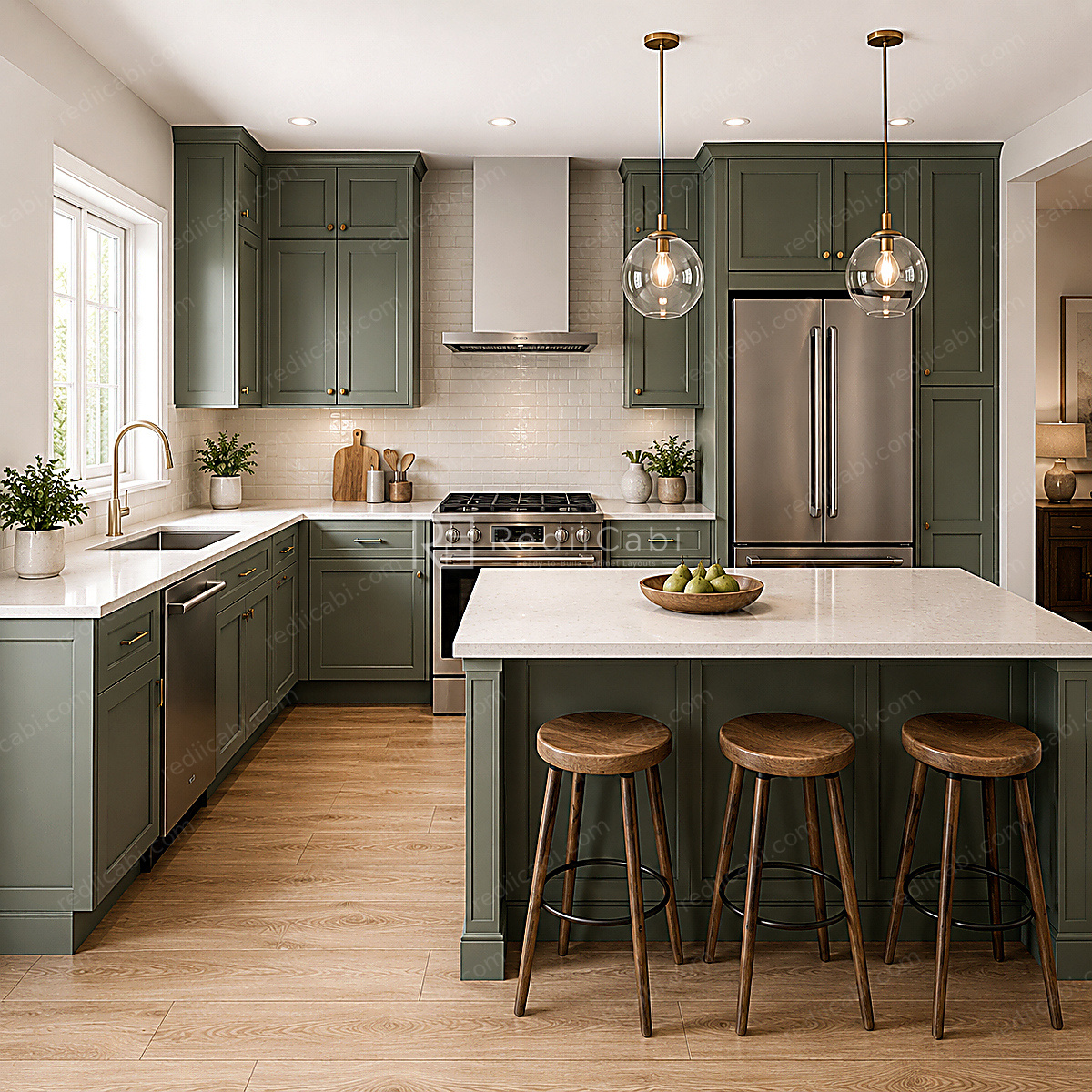 Large Modern Minimalist L-Shaped Kitchen Cabinet Layout with Island/Peninsula - PDF Drawing Set | 1047-KLI