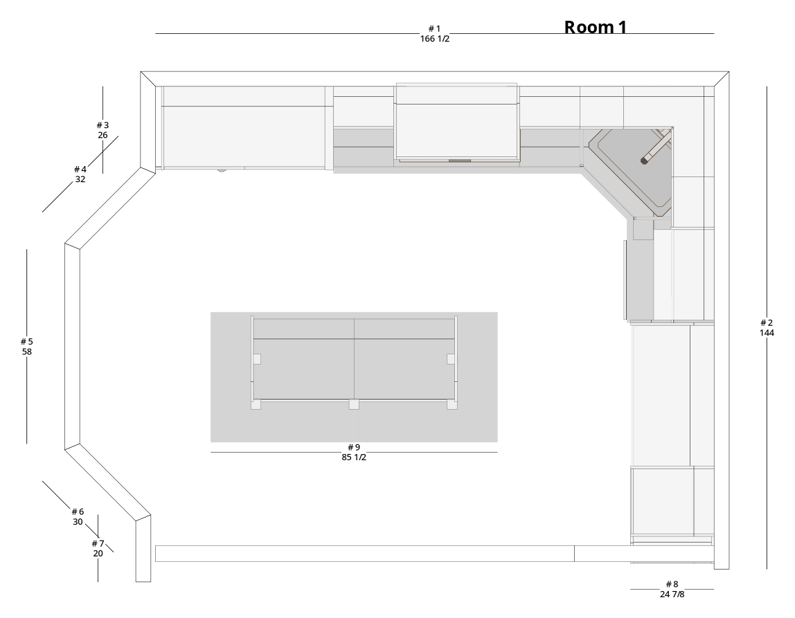 Large Modern Minimalist L-Shaped Kitchen Cabinet Layout with Island/Peninsula - PDF Drawing Set | 1048-KLI