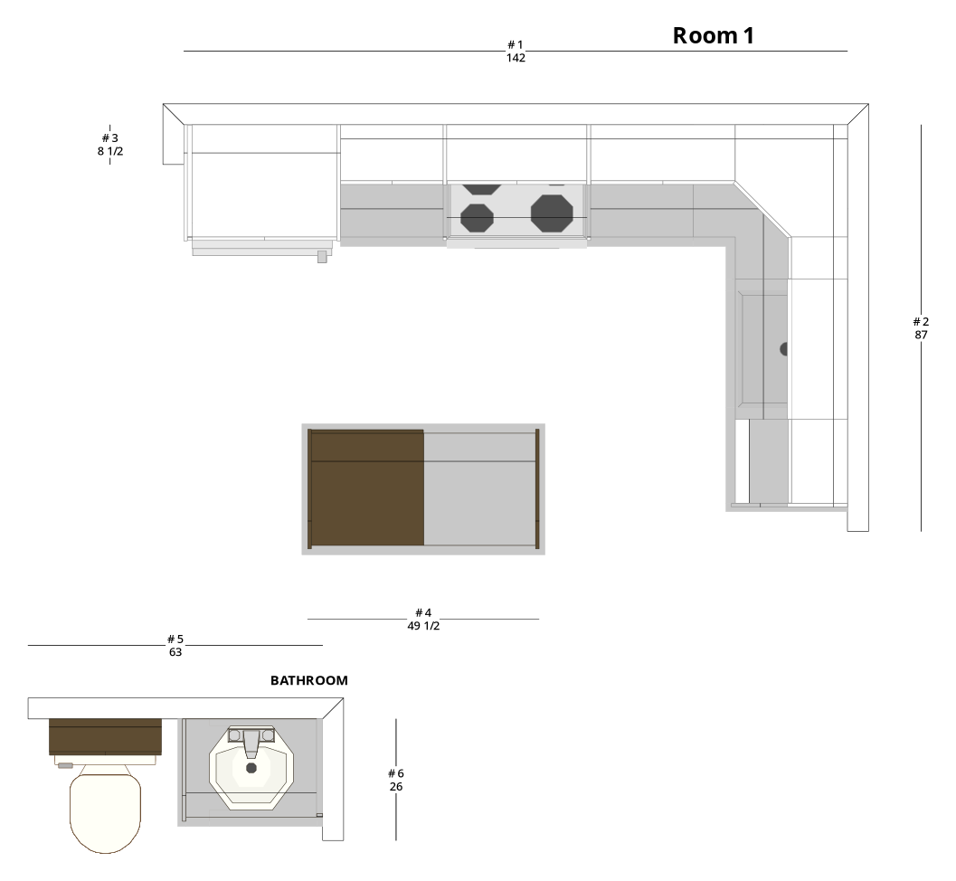 Medium Transitional L-Shaped Kitchen Cabinet Layout with Island/Peninsula - PDF Drawing Set | 1050-KLI