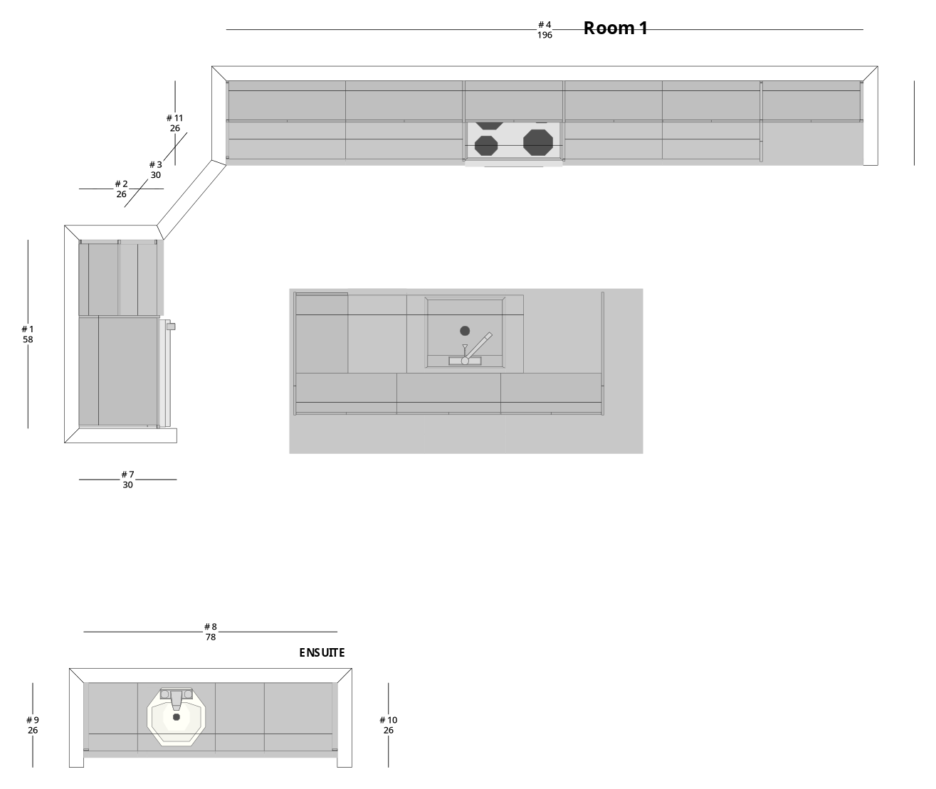 Large Modern Minimalist L-Shaped Kitchen Cabinet Layout with Island/Peninsula - PDF Drawing Set | 1052-KLI