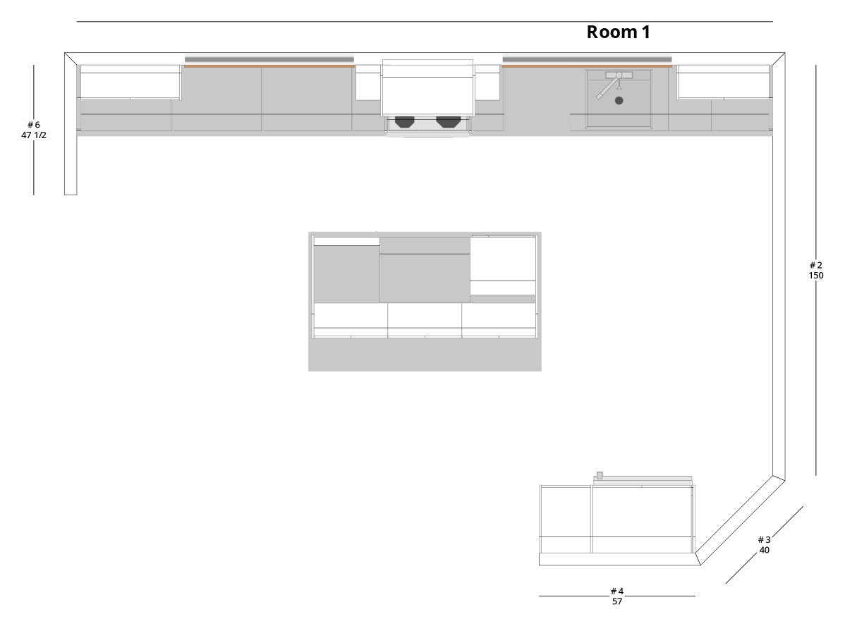 Medium Transitional One-Wall Kitchen Cabinet Layout with Island/Peninsula - PDF Drawing Set | 1053-KII