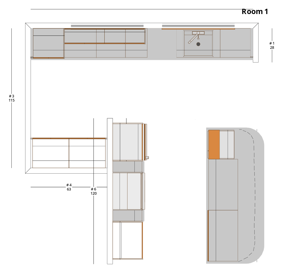Medium Modern Minimalist L-Shaped Kitchen Cabinet Layout with Island/Peninsula - PDF Drawing Set | 1055-KLI