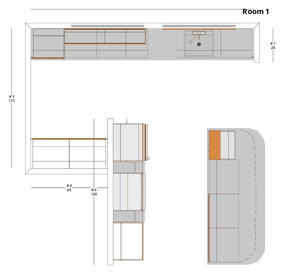 Medium Modern Minimalist L-Shaped Kitchen Cabinet Layout with Island/Peninsula - PDF Drawing Set | 1056-KLI