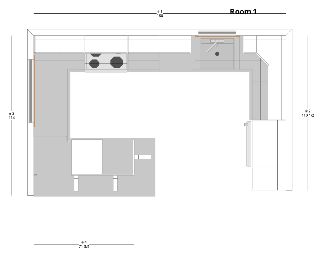 Large Transitional U-Shaped Kitchen Cabinet Layout with Island/Peninsula - PDF Drawing Set | 1057-KUI