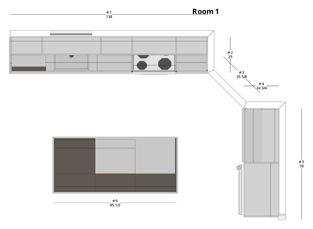 Medium Traditional L-Shaped Kitchen Cabinet Layout with Island/Peninsula - PDF Drawing Set | 1060-KLI
