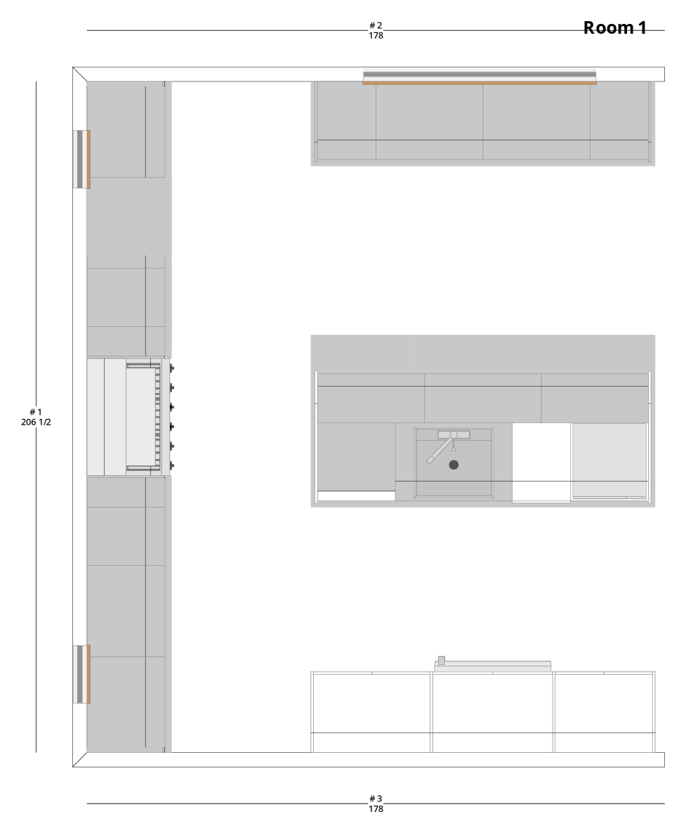Large Modern Minimalist U-Shaped Kitchen Cabinet Layout with Island/Peninsula - PDF Drawing Set | 1062-KUI