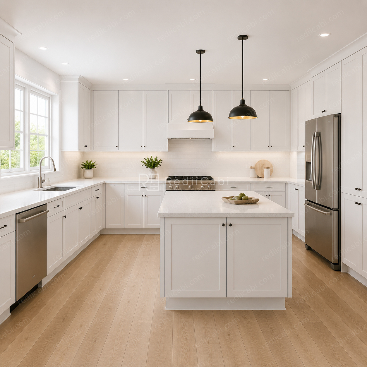 Large Modern Minimalist U-Shaped Kitchen Cabinet Layout with Island/Peninsula - PDF Drawing Set | 1062-KUI