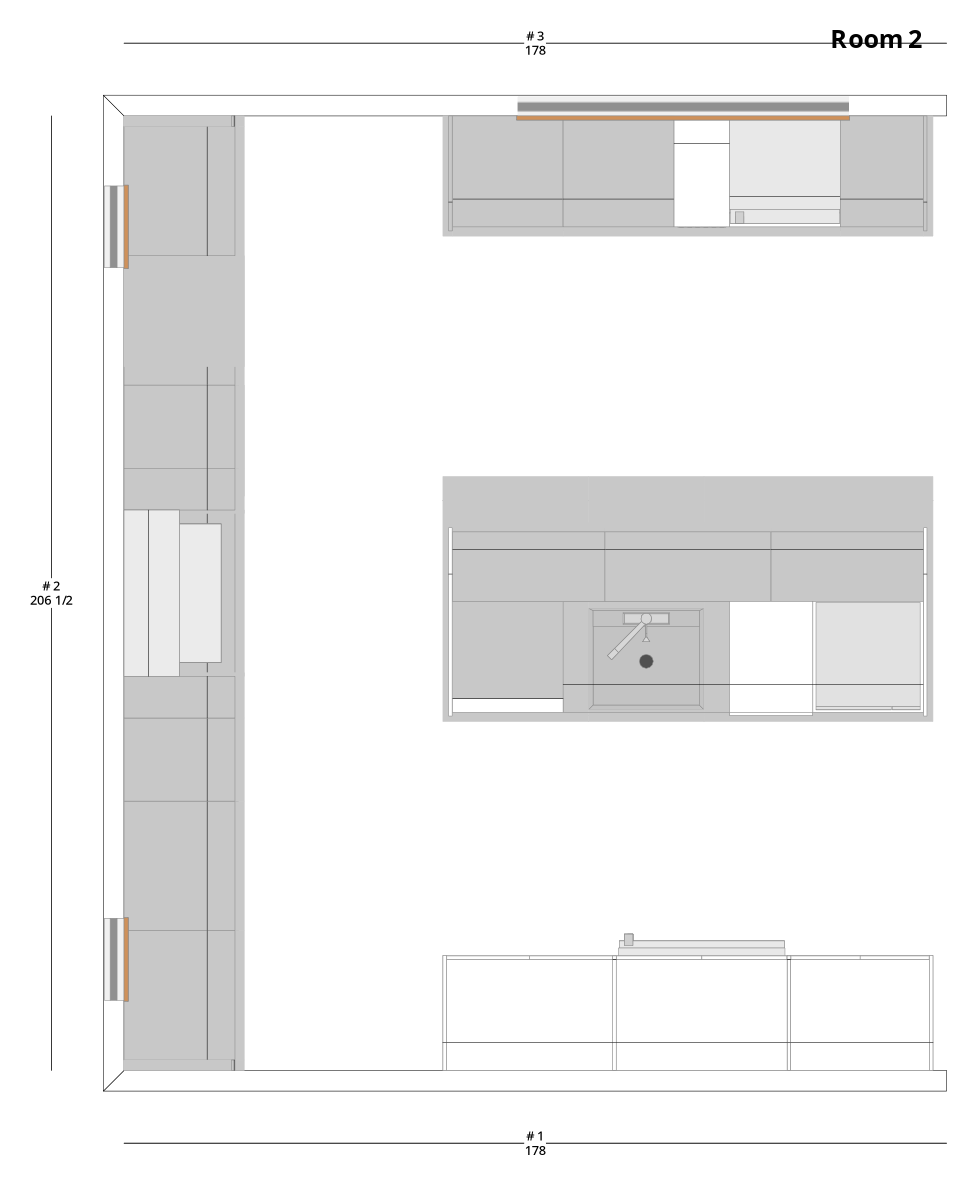Large Modern Minimalist U-Shaped Kitchen Cabinet Layout with Island/Peninsula - PDF Drawing Set | 1065-KUI