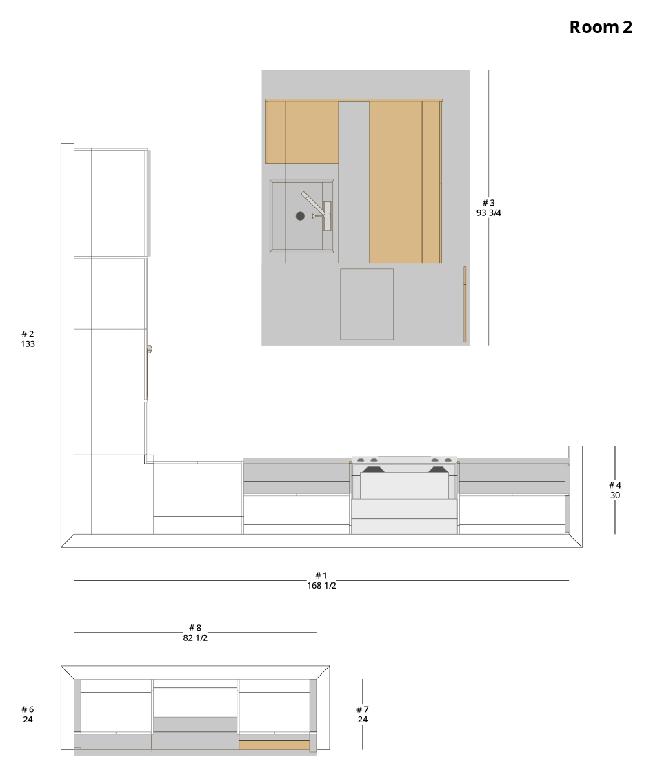 Large Transitional L-Shaped Kitchen Cabinet Layout with Island/Peninsula - PDF Drawing Set | 1069-KLI