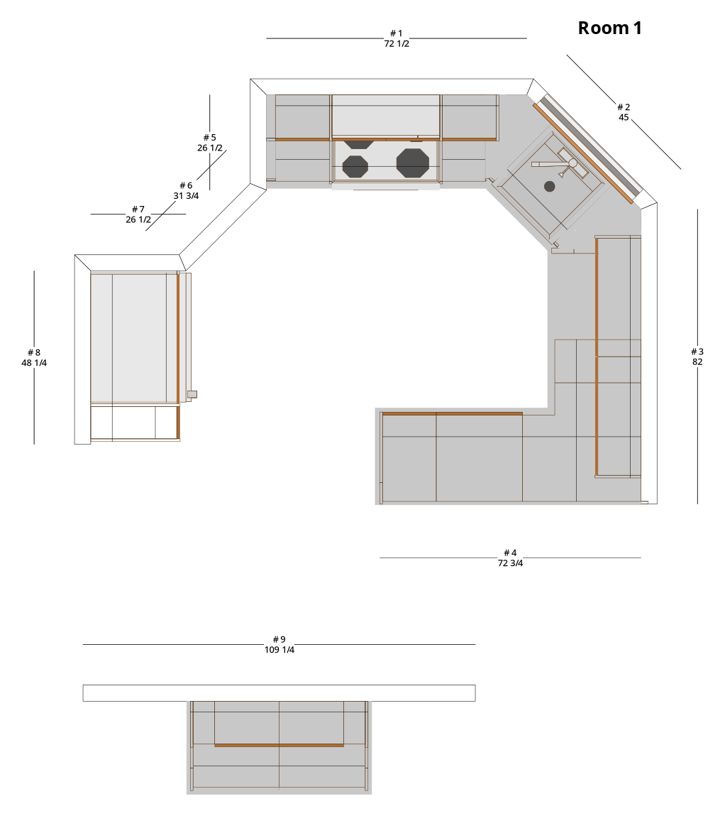 Medium Transitional U-Shaped Kitchen Cabinet Layout - PDF Drawing Set | 1074-KU