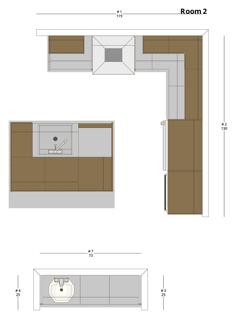 Medium Transitional L-Shaped Kitchen Cabinet Layout with Island/Peninsula - PDF Drawing Set | 1076-KLI